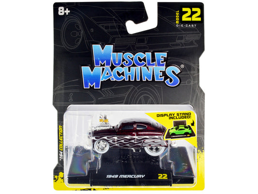 1949 Mercury Custom Coupe Dark Red Metallic with Flames 1/64 Diecast Model Car by Muscle Machines Muscle Machines