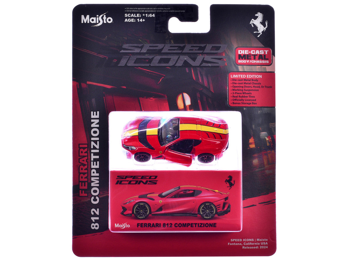 Ferrari 812 Competizione Red with Yellow Stripe "Speed Icons" Series 1/64 Diecast Model Car by Maisto-2