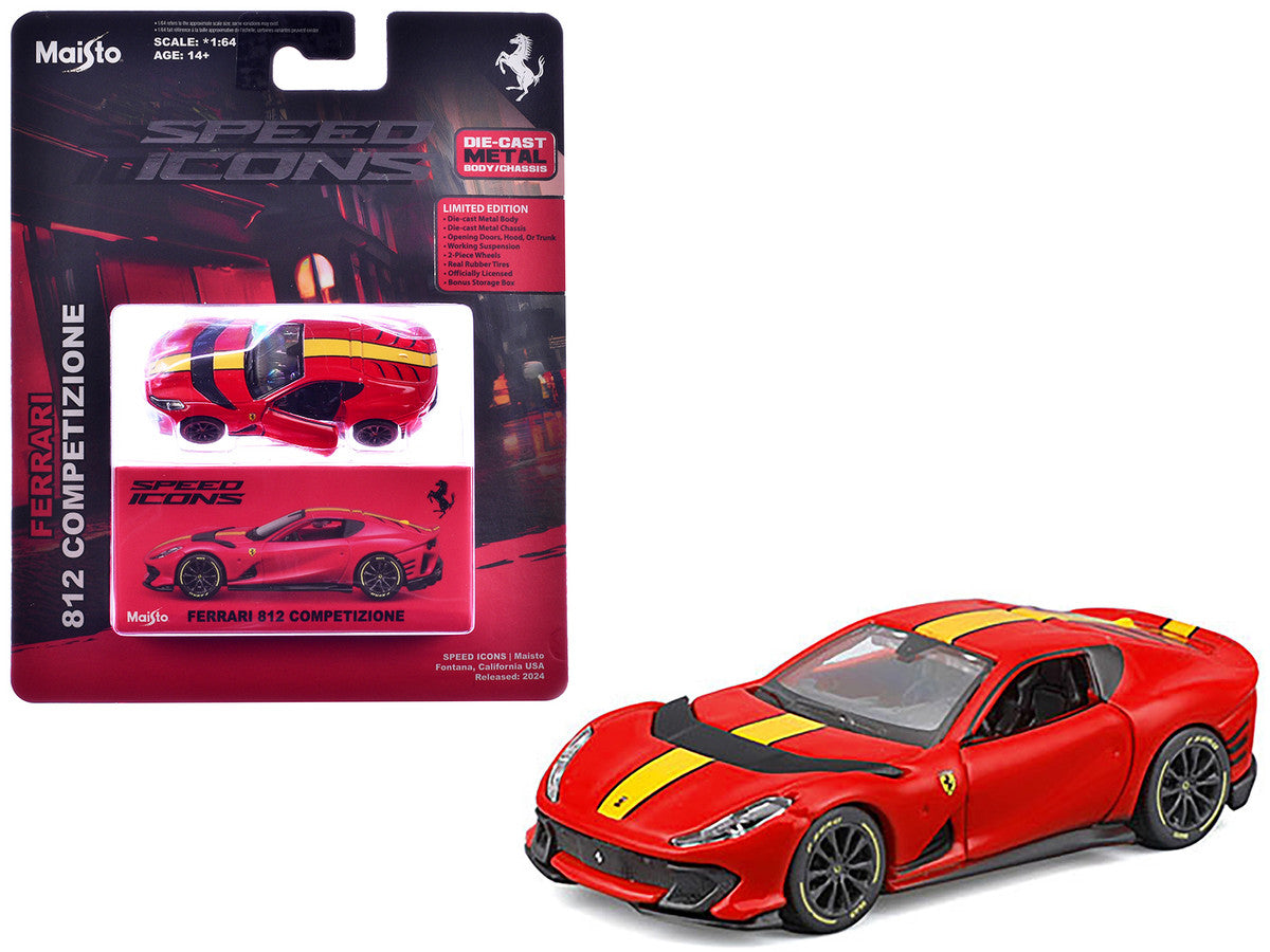 Ferrari 812 Competizione Red with Yellow Stripe "Speed Icons" Series 1/64 Diecast Model Car by Maisto-0