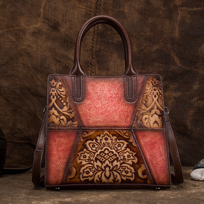 Vintage Tree Embossed Leather Handbag - First Layer Cowhide Retro Women's Purse with Floral Hand-Painting (25x23x11cm) LadyShow.Store