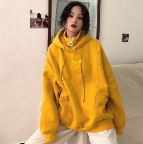 Hoodies Women Autumn Winter New Korean Style Student Loose Embroidered Simple Plus Velvet High Quality Soft Womens Clothing Chic Accent Plus