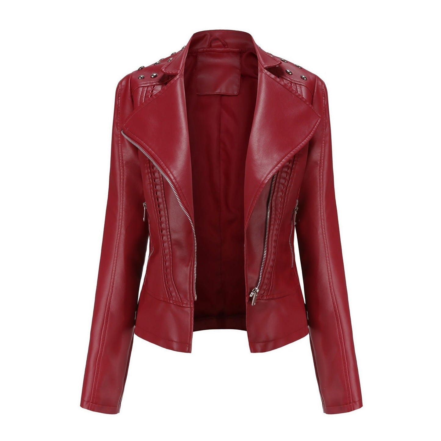 Women's Beaded Faux Leather Jacket - Long Sleeve Street Fashion Motorcycle Coat (Black/Red/Purple/Pink/Camel/Beige, XS-XXL) LadyShow.Store