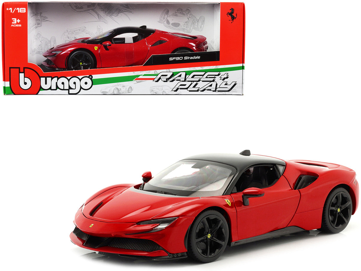 Ferrari SF90 Stradale Red with Black Top "Race + Play" Series 1/18 Diecast Model Car by Bburago Bburago
