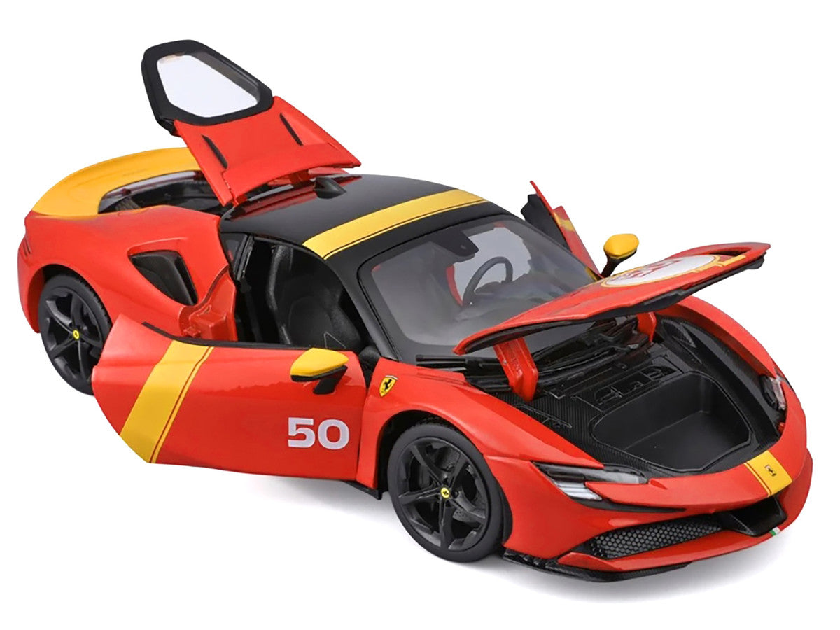Ferrari SF90 Stradale Assetto Fiorano #50 Red with Black Top and Yellow Stripes "Race + Play" Series 1/18 Diecast Model Car by Bburago Bburago