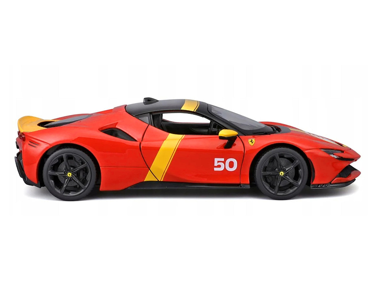 Ferrari SF90 Stradale Assetto Fiorano #50 Red with Black Top and Yellow Stripes "Race + Play" Series 1/18 Diecast Model Car by Bburago Bburago