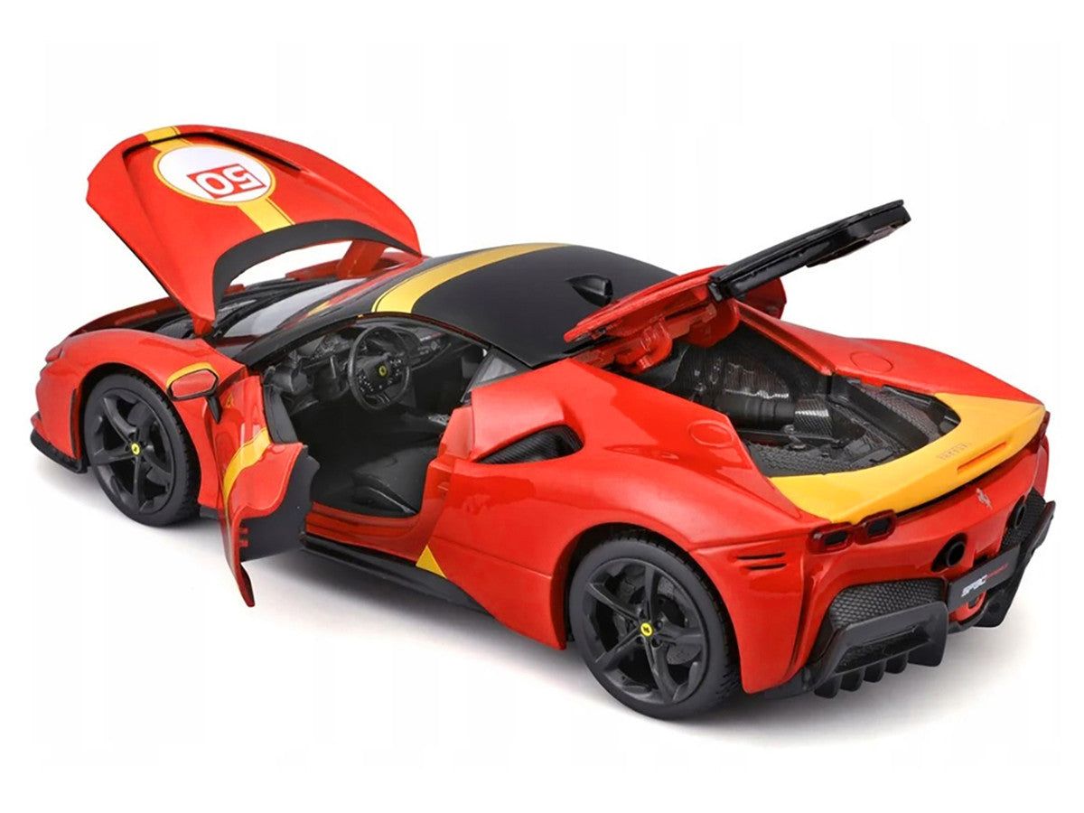 Ferrari SF90 Stradale Assetto Fiorano #50 Red with Black Top and Yellow Stripes "Race + Play" Series 1/18 Diecast Model Car by Bburago Bburago