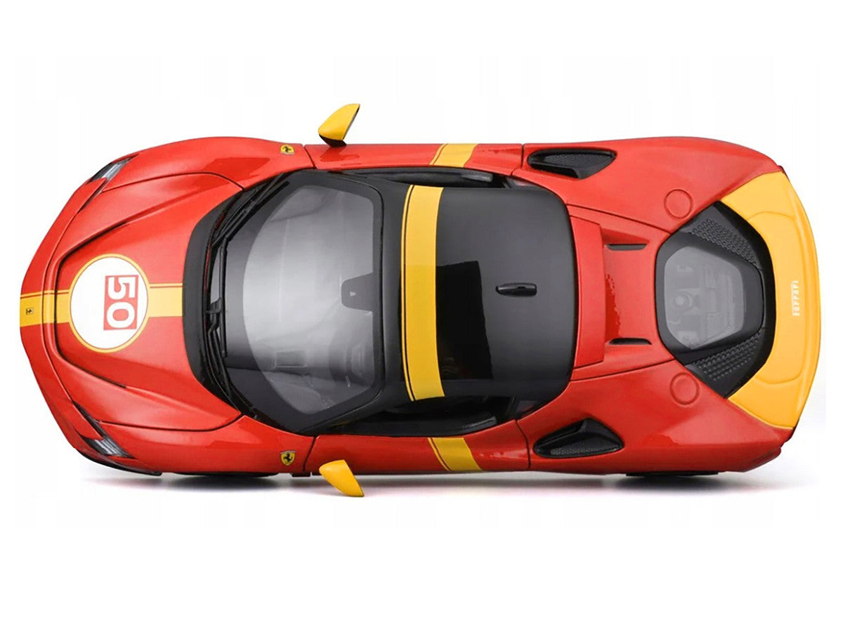 Ferrari SF90 Stradale Assetto Fiorano #50 Red with Black Top and Yellow Stripes "Race + Play" Series 1/18 Diecast Model Car by Bburago Bburago