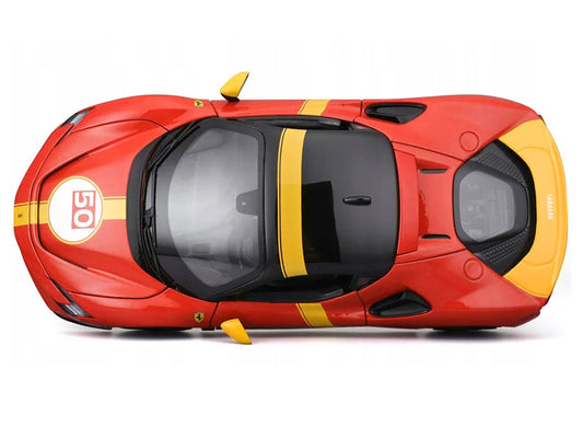 Ferrari SF90 Stradale Assetto Fiorano #50 Red with Black Top and Yellow Stripes "Race + Play" Series 1/18 Diecast Model Car by Bburago Bburago