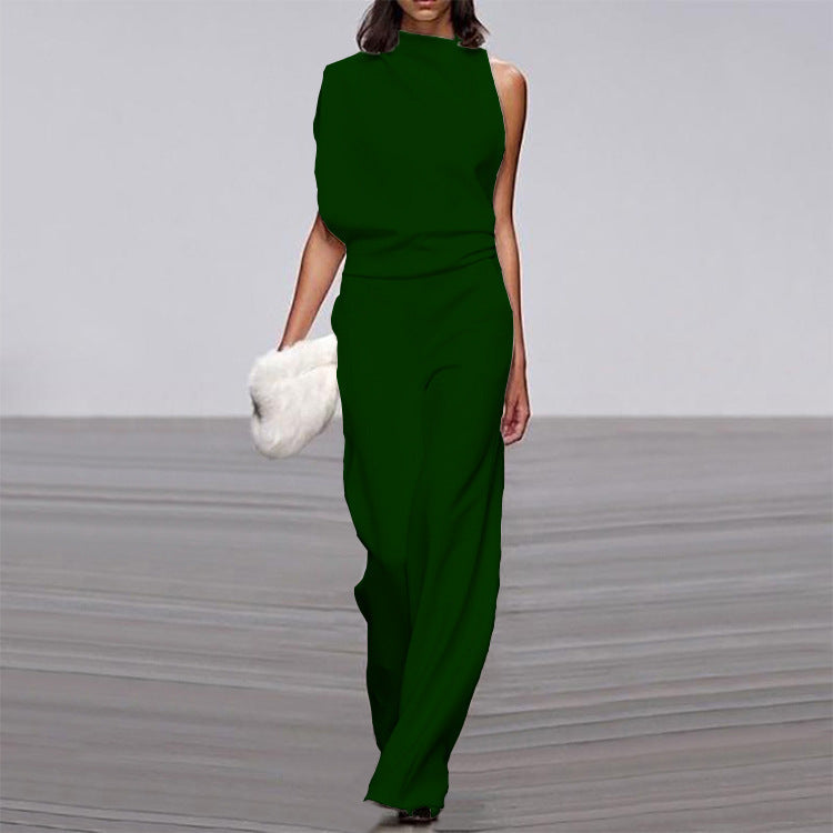 Solid Color One-Shoulder Pile Collar Jumpsuit LadyShow.Store
