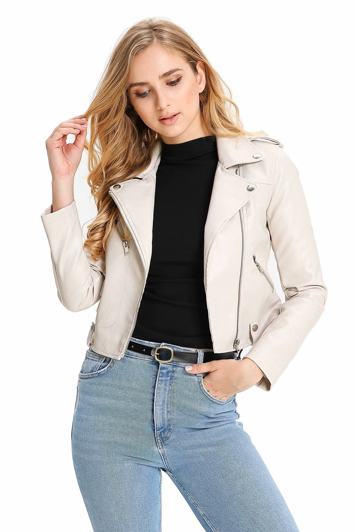 Leather Women's Short Fashion PU Small Slim Slim-fit Motorcycle Leather Jacket LadyShow.Store