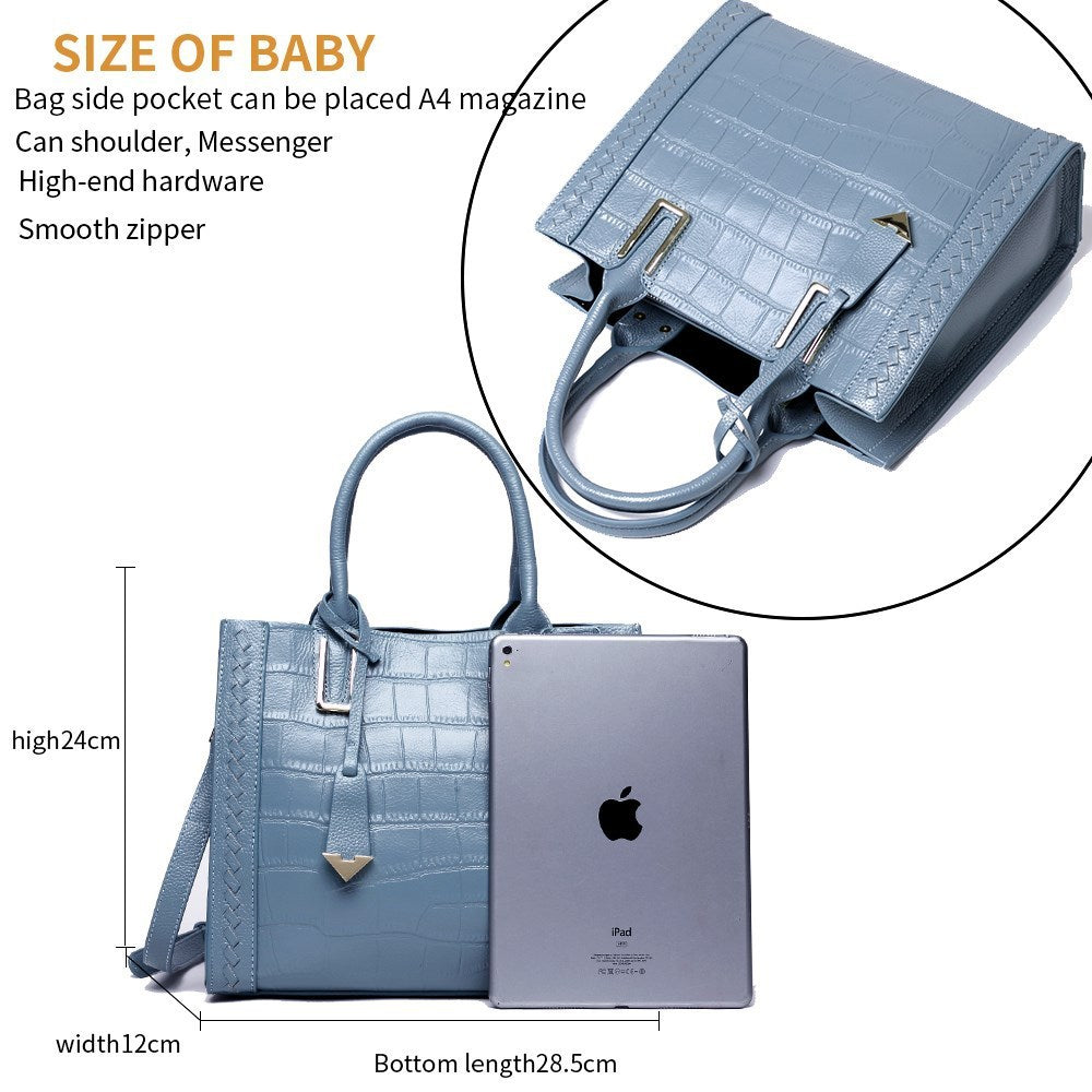 Korean-Style Woven Leather Handbag for Women - First-Layer Cowhide Crocodile-Pattern Tote with Multiple Pockets (Red/Blue/Black/Pink) LadyShow.Store