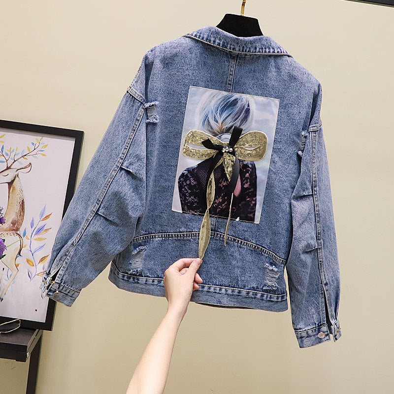 Ripped Sequined Denim Jacket Women Jacket Top