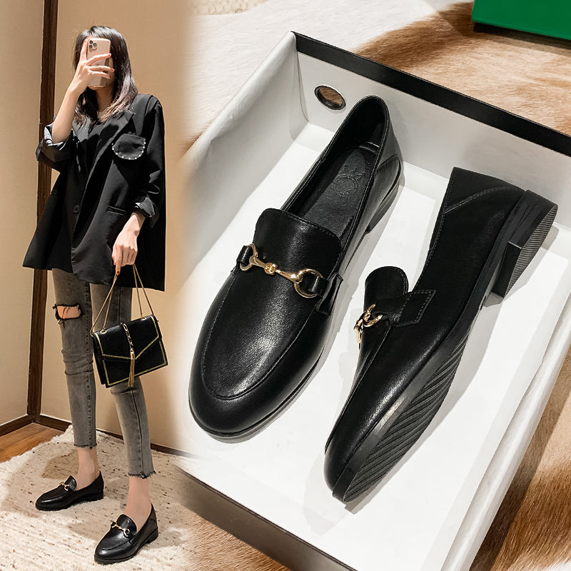 Small Black Leather Shoes Women's Leather Women's Shoes All Match Flat Shoes Women LadyShow.Store