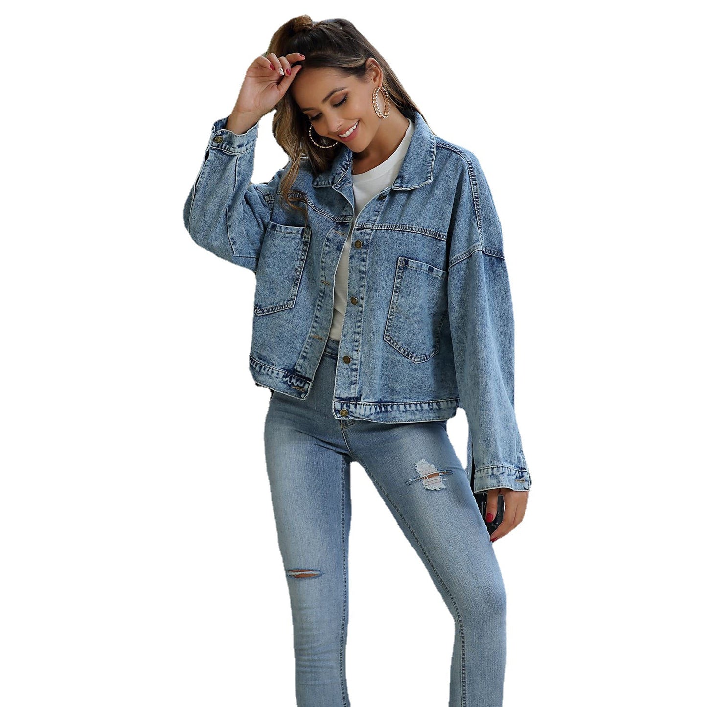 Water Blue Short Loose Casual Denim Jacket Jacket