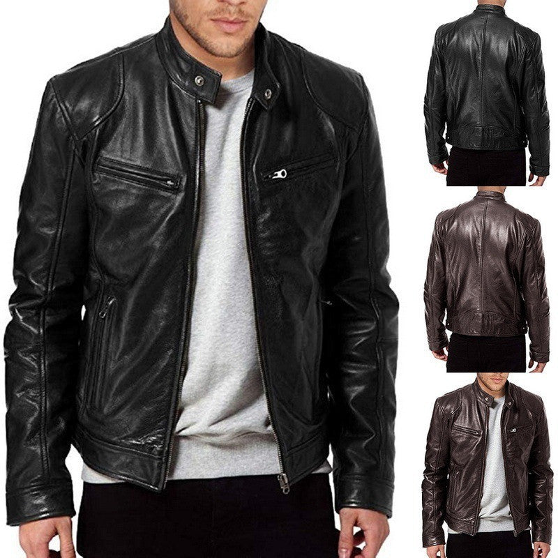 Men's Zip-up Cardigan PU Leather Jacket Fashion Pockets Stand Collar Short Tops Clothing LadyShow.Store