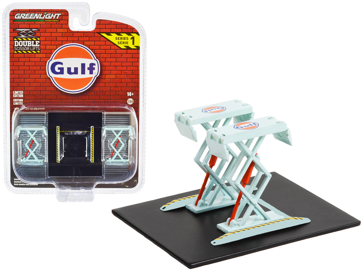 Automotive Double Scissor Lift "Gulf Oil" Light Blue "Double Scissor Lifts" Series 1 1/64 Diecast Model by Greenlight Greenlight