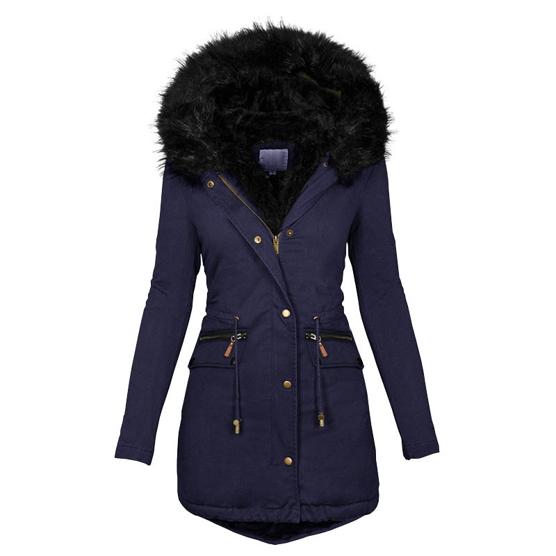 Women's Plush Hooded Parkas Winter Warm Thick  Zip-up Jackets Casual Mid-length Solid Buckle Pockets Coat Outerwear Clothing LadyShow.Store