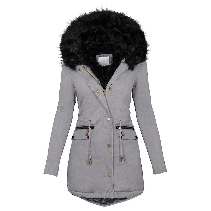 Women's Plush Hooded Parkas Winter Warm Thick  Zip-up Jackets Casual Mid-length Solid Buckle Pockets Coat Outerwear Clothing LadyShow.Store