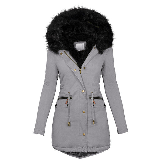 Women's Plush Hooded Parkas Winter Warm Thick  Zip-up Jackets Casual Mid-length Solid Buckle Pockets Coat Outerwear Clothing LadyShow.Store