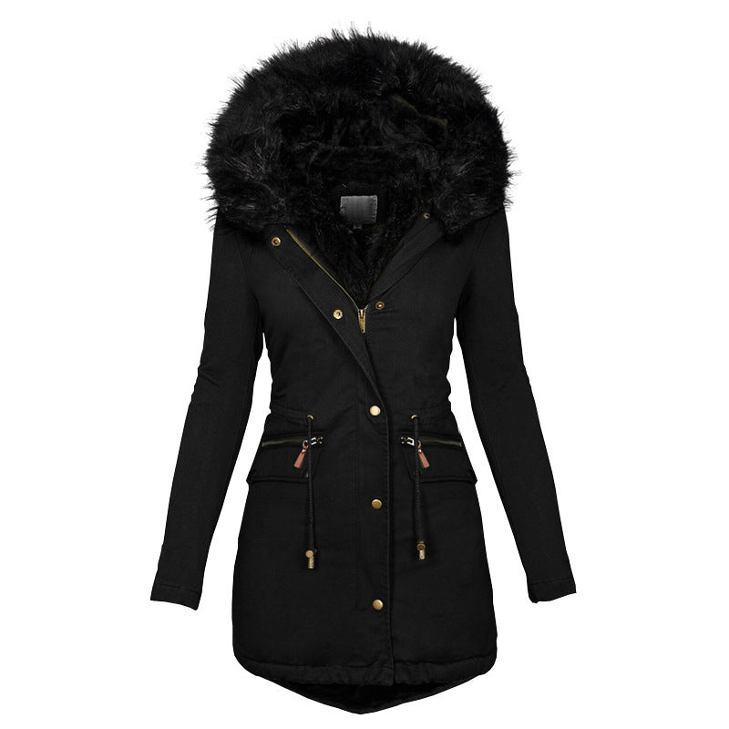 Women's Plush Hooded Parkas Winter Warm Thick  Zip-up Jackets Casual Mid-length Solid Buckle Pockets Coat Outerwear Clothing LadyShow.Store
