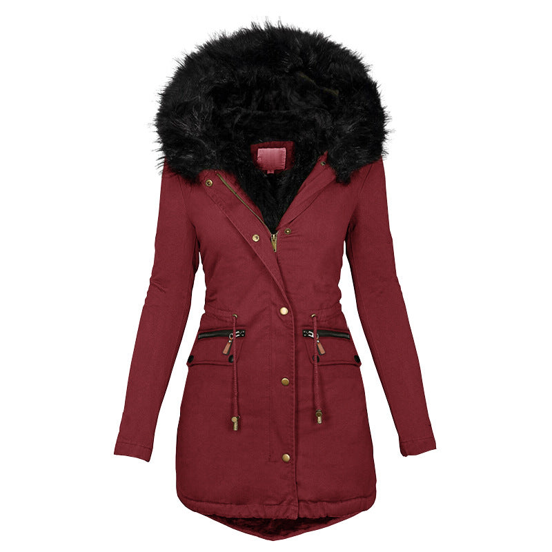 Women's Plush Hooded Parkas Winter Warm Thick  Zip-up Jackets Casual Mid-length Solid Buckle Pockets Coat Outerwear Clothing LadyShow.Store