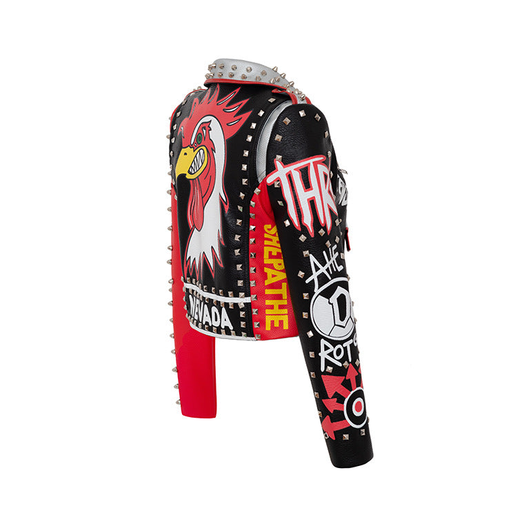 Skinny Jacket Graffiti Print Contrast Color Motorcycle Leather Jacket