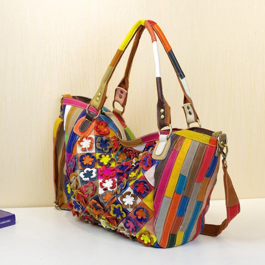 Vibrant Floral Leather Shoulder Bag – Bold Contrast &amp; Street Fashion LadyShow.Store