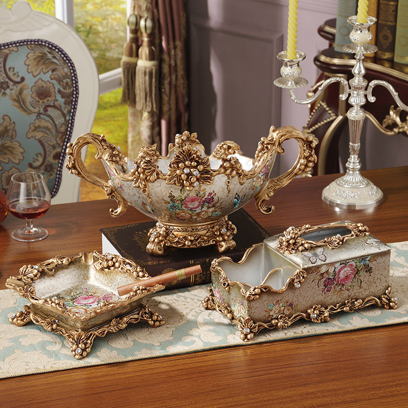 European-style Fruit Plate Three-piece Coffee Table Decoration Ashtray Tissue Box Set Best YouTube Store