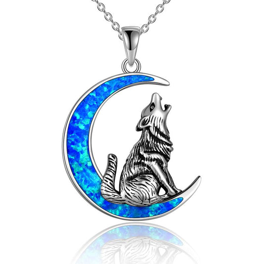 Sterling Silver Wolf Opal Moon Pendant Necklace Gifts for Women LadyShow.Store