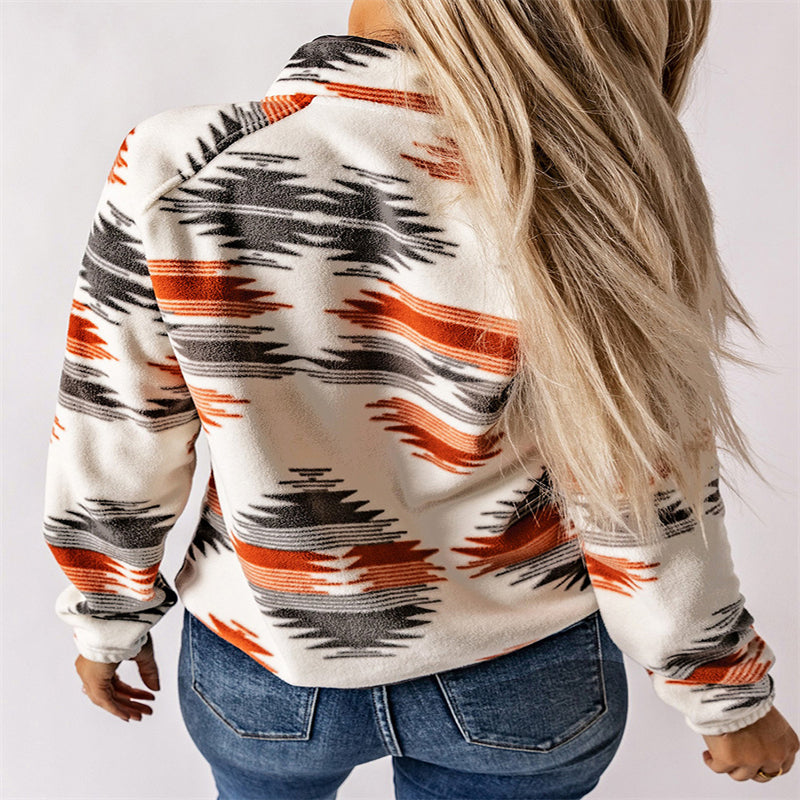 Winter Women's Printed Cardigan Jacket Fashion Color Contrast Fleece Coat Accent Plus