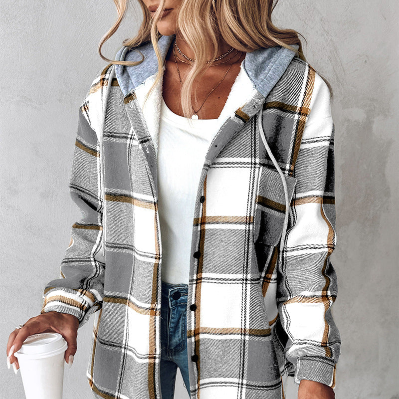 Plaid Hooded Jacket Fashion Casual Button Pocket Coat Autumn And Winter Women's Clothing Accent Plus