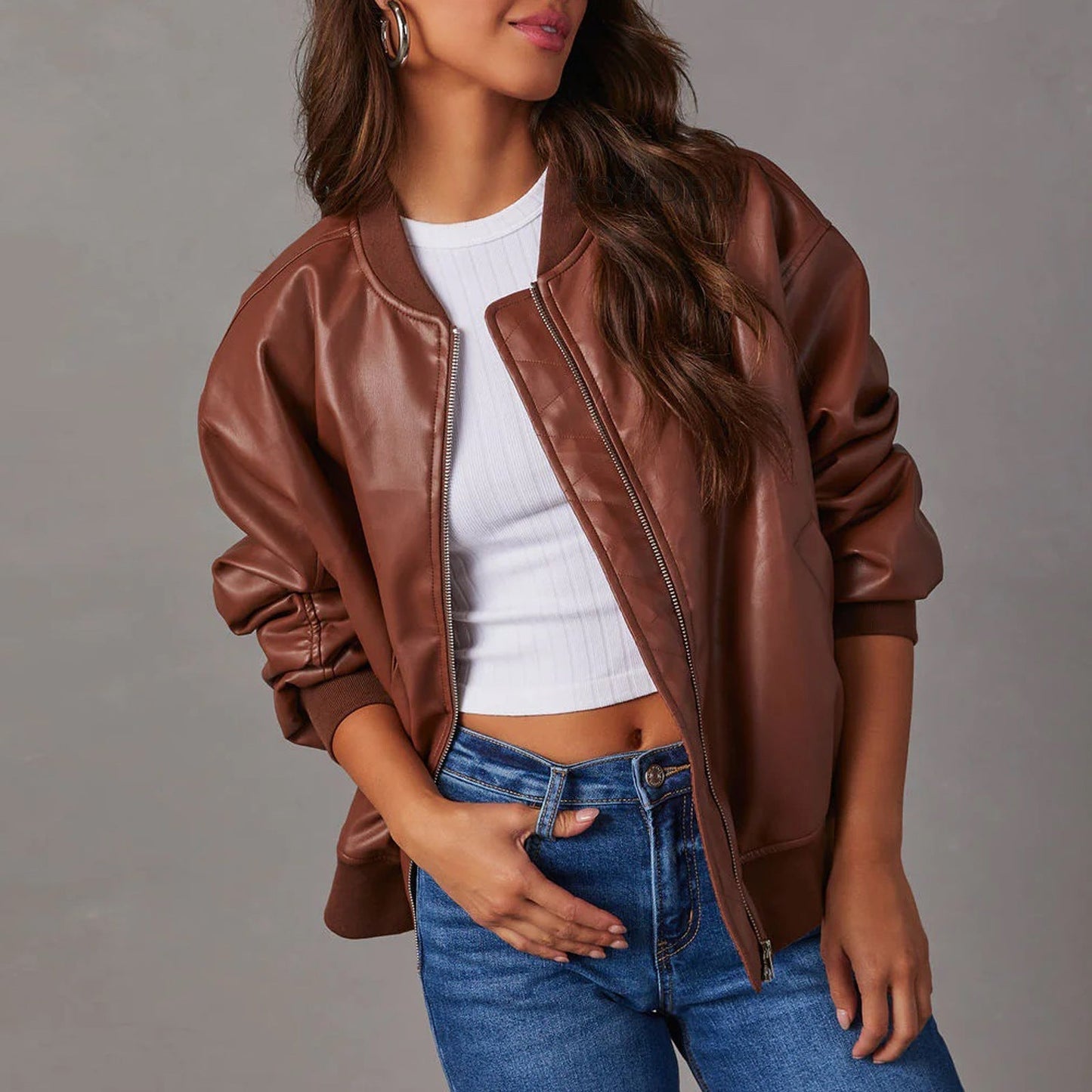 Women's Leather-Look Baseball Jacket - Long Sleeve Motorcycle Style Coat (Black/White/Brown, S-XL) LadyShow.Store