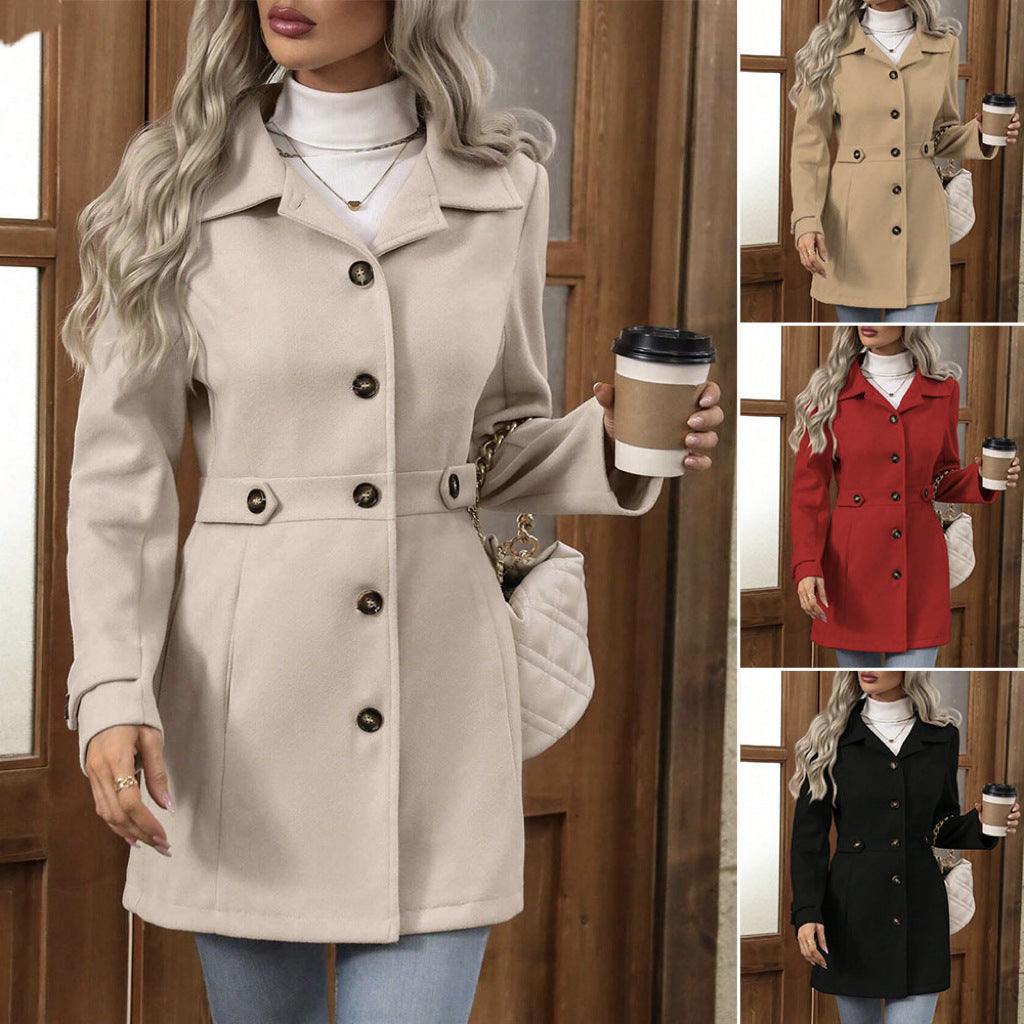 Elegant Single-breasted Woolen Coat Buttons Lapel Mid-length Jacket Temperament Commuter Outwear Clothing For Women LadyShow.Store