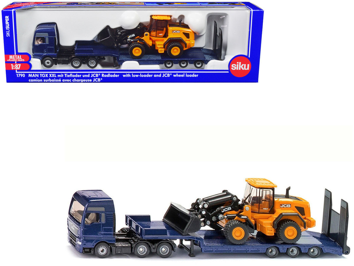 MAN Truck Blue Metallic with Low Loader Trailer and JCB 457 Wheel Loader Yellow 1/87 (HO) Diecast Model by Siku-0