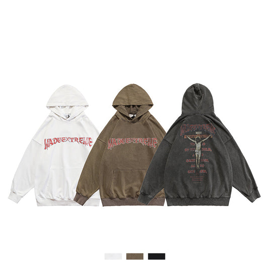 Washed Distressed Sweater Men And Women National Trend Hip-hop Front And Back Printed Hoodies Accent Plus