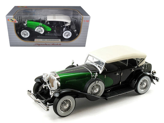 1934 Duesenberg Model J Black and Green with Cream Top 1/18 Diecast Model Car by Signature Models