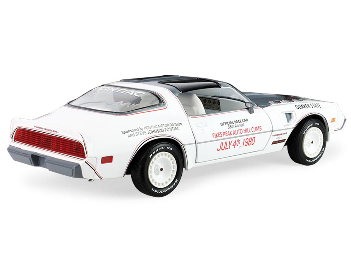 1980 Pontiac Firebird Trans Am T/A "Official Pace Car 58th Annual Pikes Peak Auto Hill Climb" White with Gray Top and Hood Graphics with White Interior 1/24 Diecast Model Car by Greenlight-2