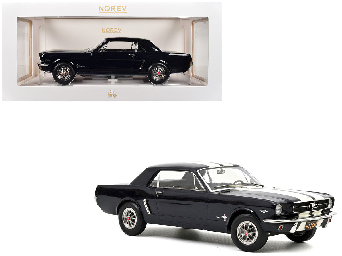 1965 Ford Mustang Hardtop Coupe Nightmist Blue Metallic with White Stripes 1/18 Diecast Model Car by Norev Norev