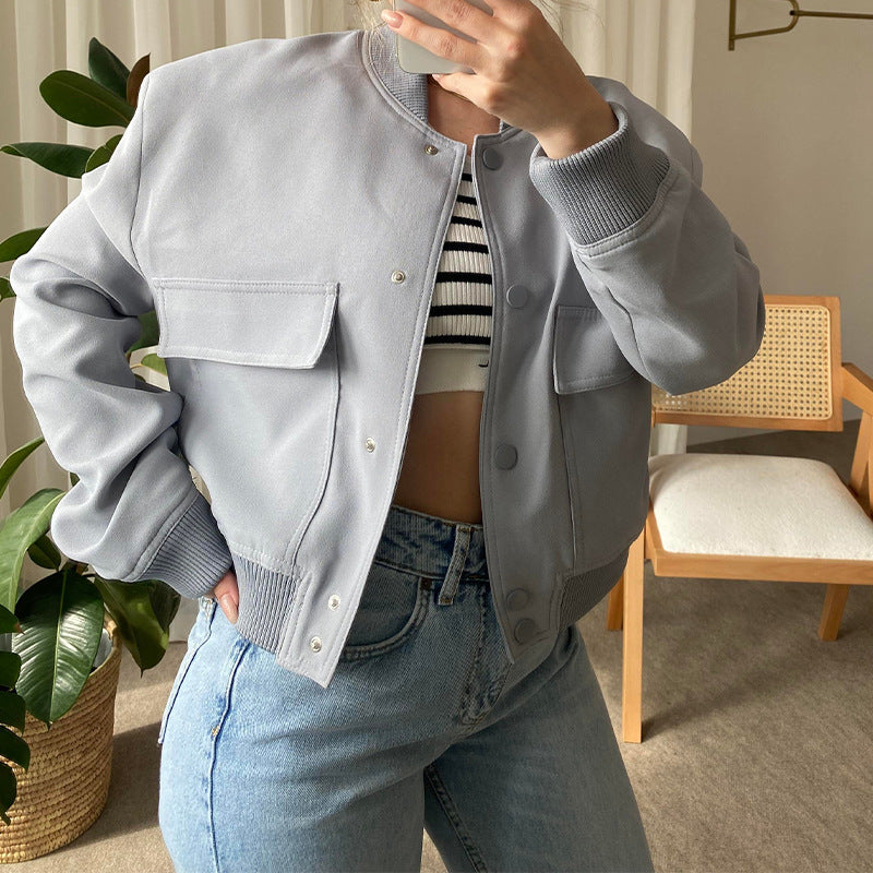 Fashion Button Stand-collar Jacket With Big Pockets Casual Loose Short Outwear Tops Coat For Women Clothing Accent Plus