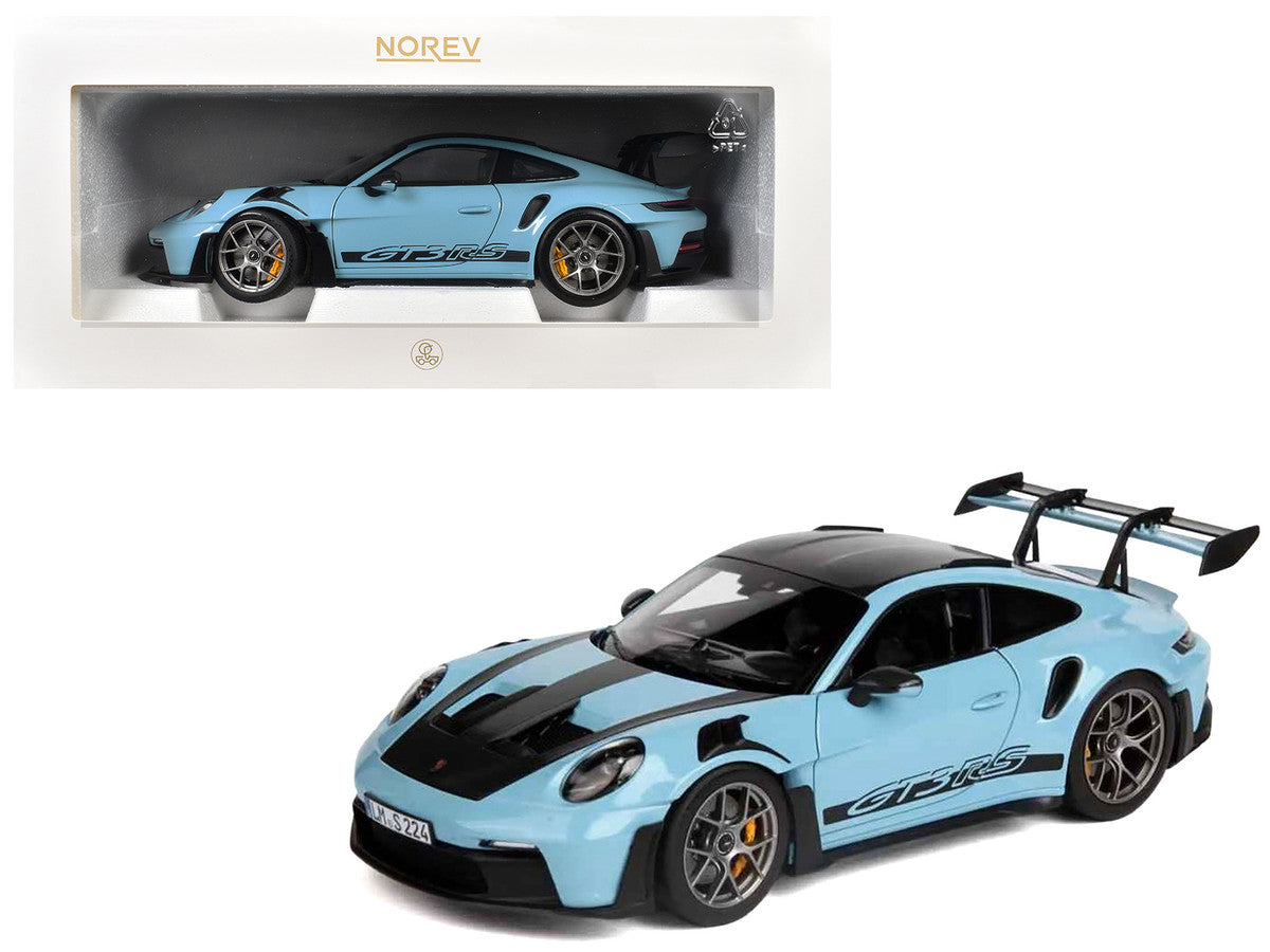 2022 Porsche 911 GT3 RS Weissach Pack Gulf Blue with Carbon Top and Hood Stripes 1/18 Diecast Model Car by Norev Norev
