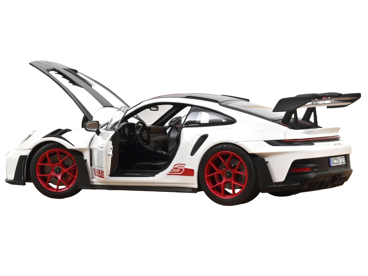 2022 Porsche 911 GT3 RS with Weissach Pack White with Carbon Hood and Top and Pyro Red Stripes and Wheels 1/18 Diecast Model Car by Norev Norev