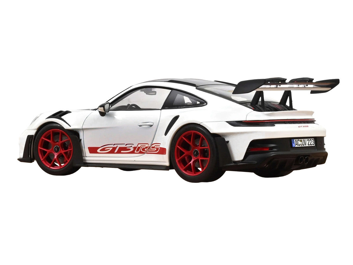 2022 Porsche 911 GT3 RS with Weissach Pack White with Carbon Hood and Top and Pyro Red Stripes and Wheels 1/18 Diecast Model Car by Norev Norev