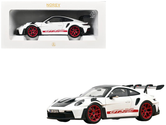 2022 Porsche 911 GT3 RS with Weissach Pack White with Carbon Hood and Top and Pyro Red Stripes and Wheels 1/18 Diecast Model Car by Norev Norev