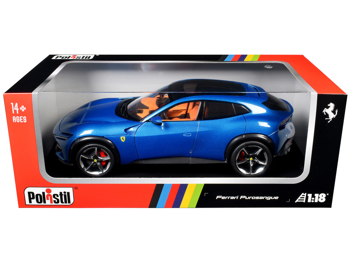 2022 Ferrari Purosangue Blu Corsa Blue Metallic with Black Top and Orange Interior 1/18 Diecast Model Car by Polistil-4