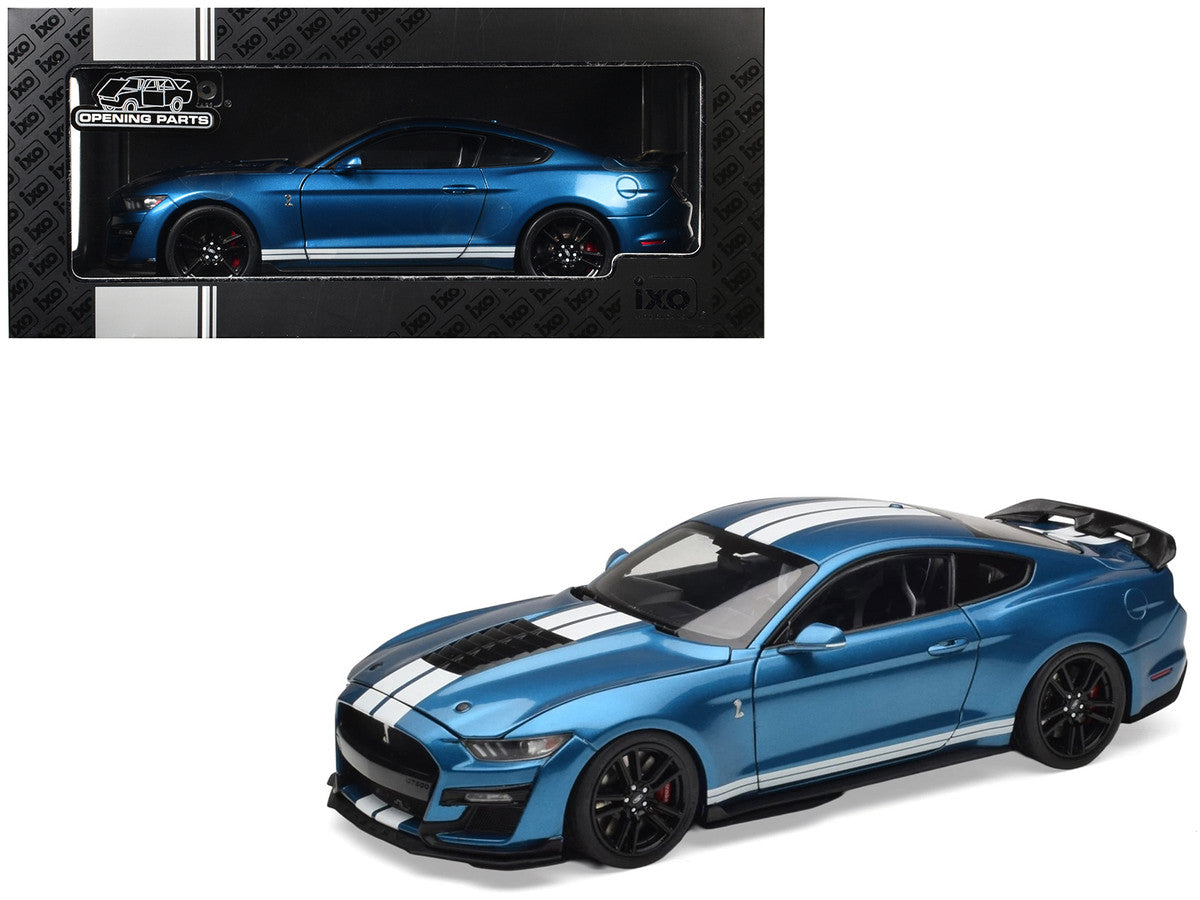 2022 Ford Mustang Shelby GT500 Blue Metallic with White Stripes 1/18 Diecast Model Car by IXO Models-4