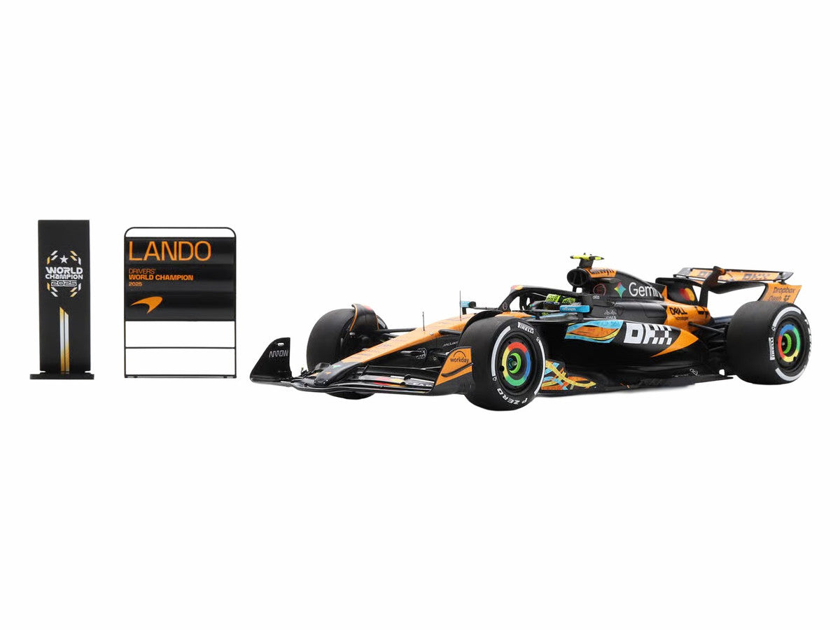 McLaren MCL39 #4 Lando Norris 3rd Place Formula One F1 "Abu Dhabi GP GP" (2025) "Drivers' World Champion 2025" with Pit Board and Acrylic Display Case 1/18 Model Car by Spark Spark