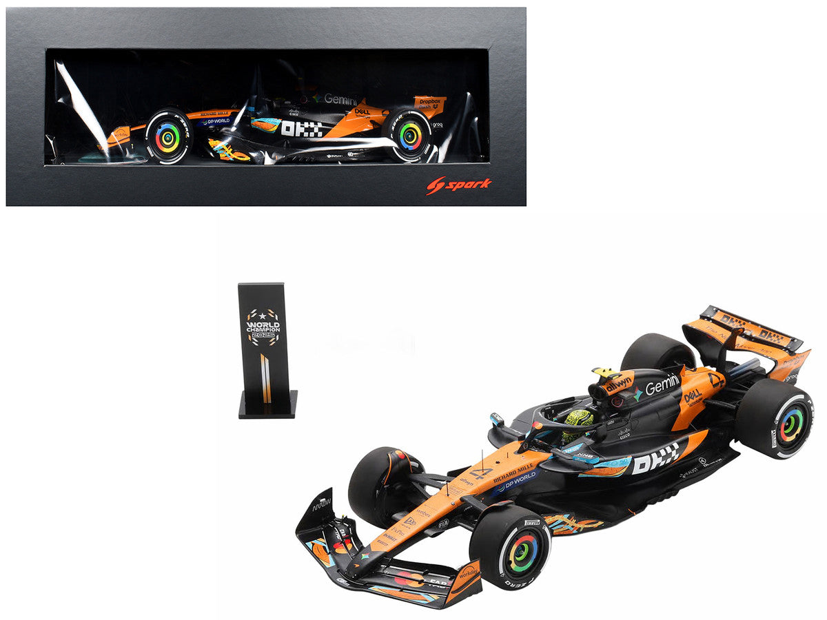 McLaren MCL39 #4 Lando Norris 3rd Place Formula One F1 "Abu Dhabi GP GP" (2025) "Drivers' World Champion 2025" with Pit Board and Acrylic Display Case 1/18 Model Car by Spark Spark