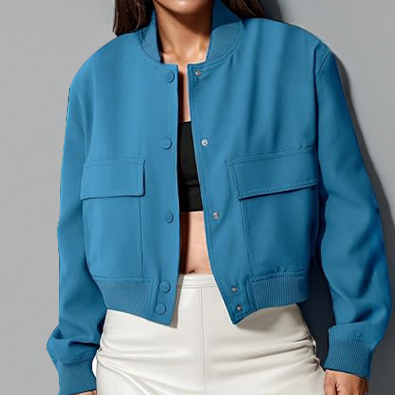 Fashion Button Stand-collar Jacket With Big Pockets Casual Loose Short Outwear Tops Coat For Women Clothing Accent Plus