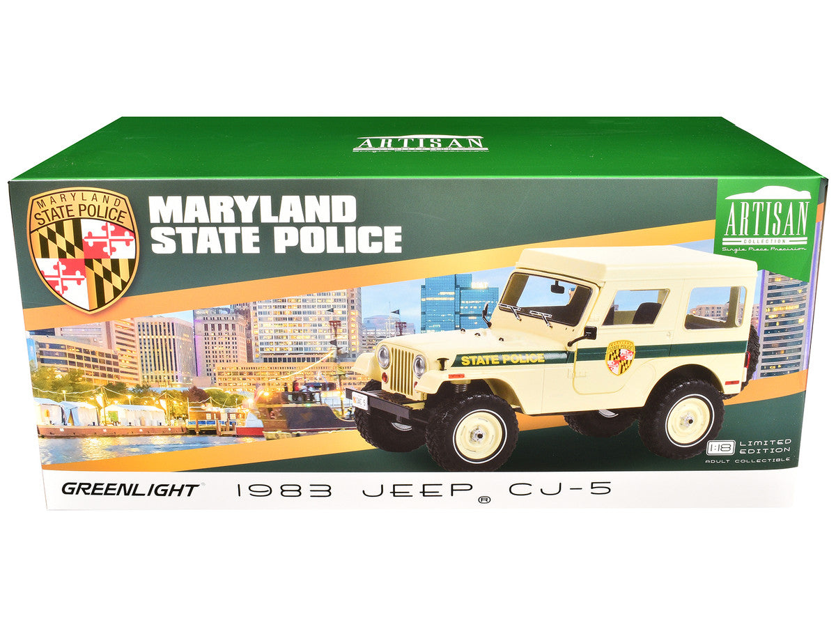 1983 Jeep CJ-5 Hardtop "Maryland State Police" Beige with Green Stripes "Artisan Collection" Series 1/18 Diecast Model Car by Greenlight Greenlight