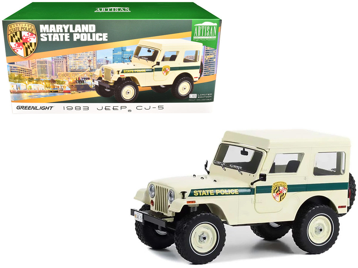 1983 Jeep CJ-5 Hardtop "Maryland State Police" Beige with Green Stripes "Artisan Collection" Series 1/18 Diecast Model Car by Greenlight Greenlight